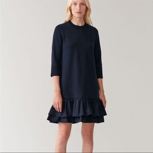COS crewneck Dress Woven Pleats ruffle 3/4 sleeve navy blue cotton sz small